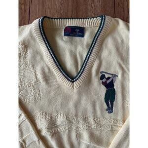 Isle Of Cotton Vintage Yellow Golfing V Neck Sweater Size Large